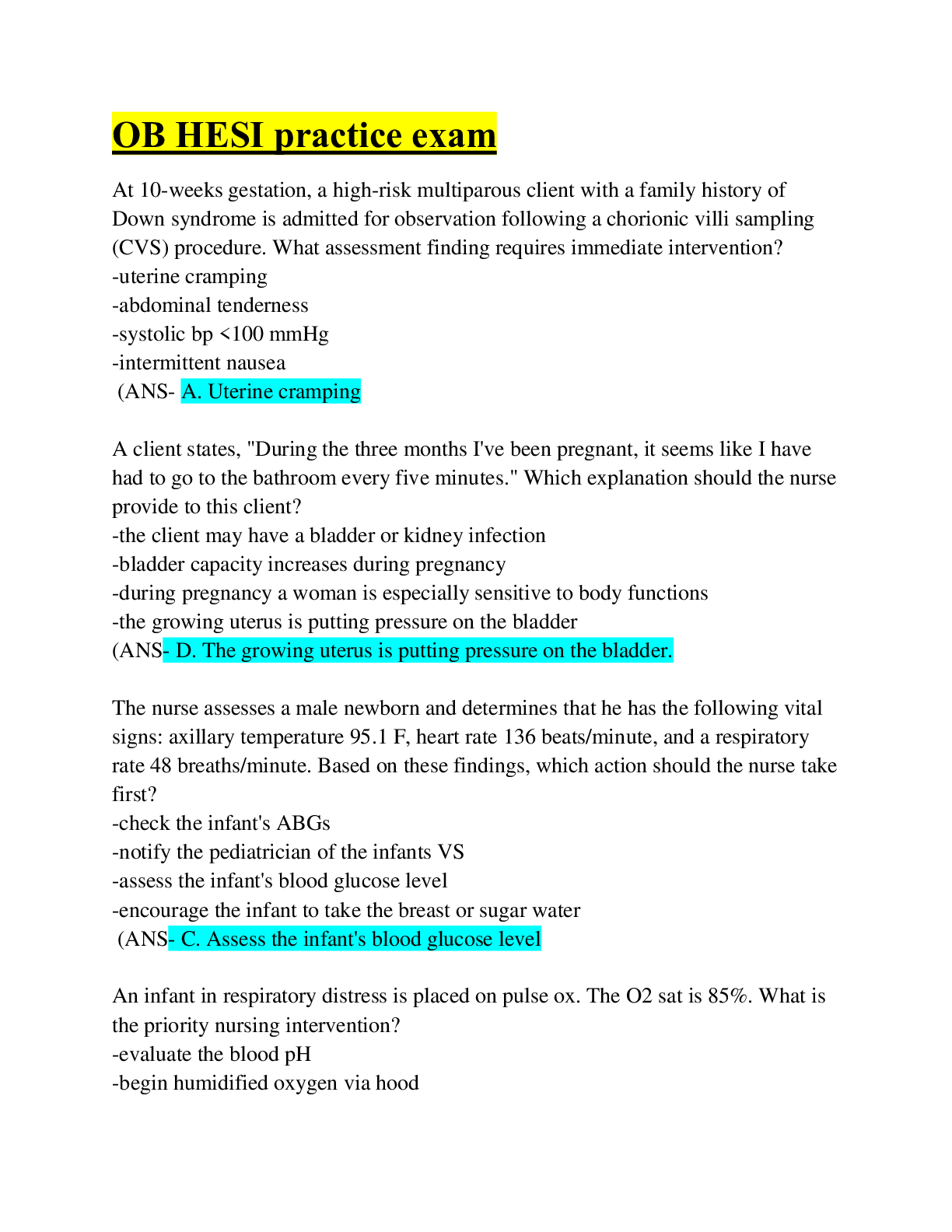 Preview image of HESI OB PRACTICE EXAM/ Latest 2022/Q&A document